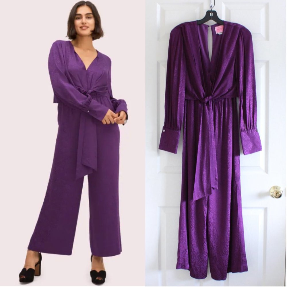 Kate Spade NY Animal Print Purple Tie Front Jumpsuit